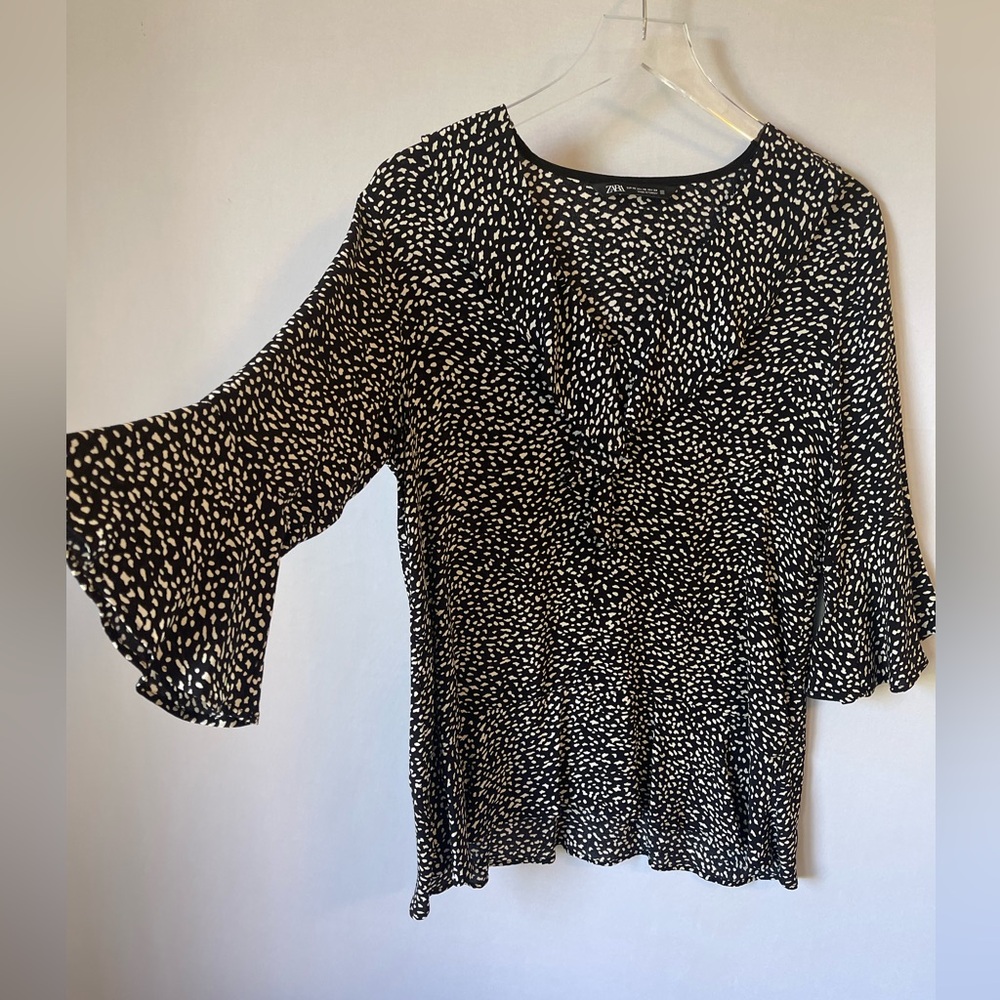 Zara Ruffle Sleeve Neckline Hem Dotted Tunic Blouse XS